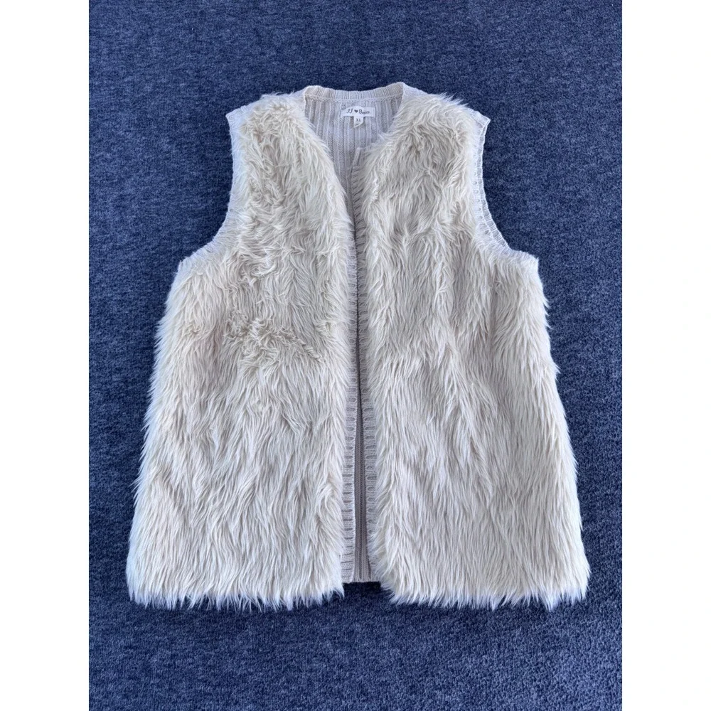 JJ Basics Womens XL Faux Fur Ribbed Knit Back Vest Cream Ivory Open Front Layer